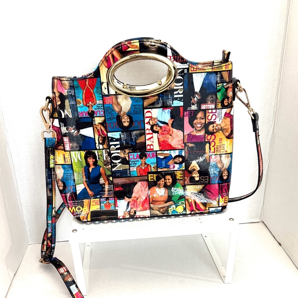 Michelle Obama Colorful Graphic Glossy Collage Handbag Zippered Closure Clutch